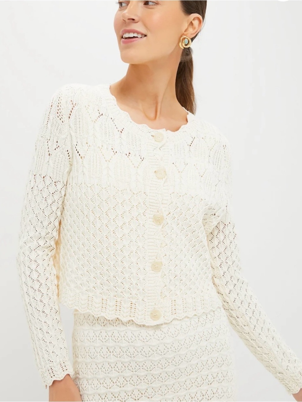 Moon River Ecru Crochet Cropped  Knit Button-Up Cardigan